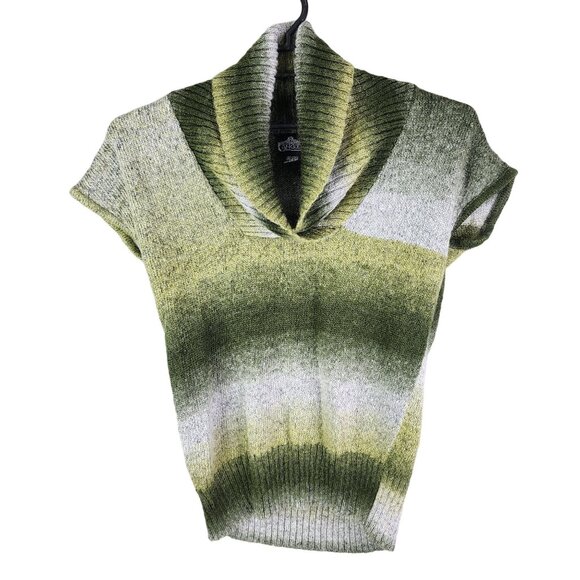 Womens Green & Grey Striped Knit Sweater By Angie Short Sleeve Cowl Neck Size L - Picture 1 of 10